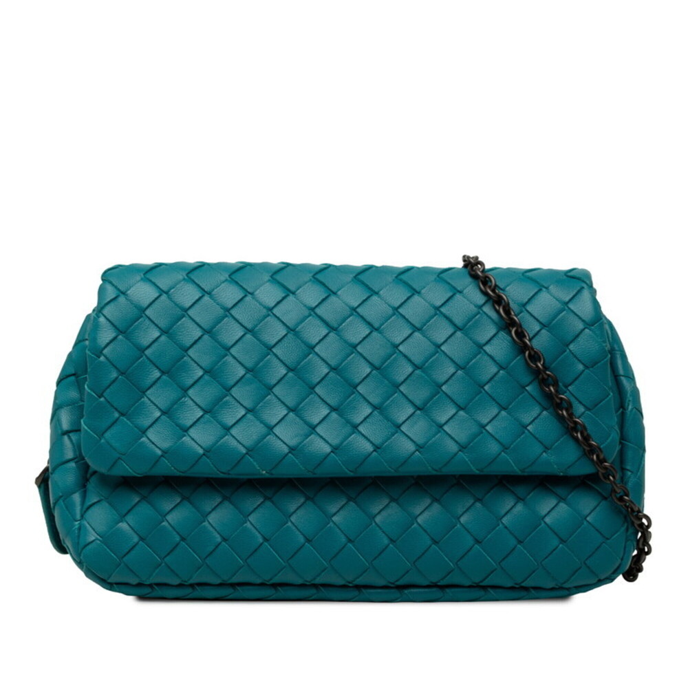 Bottega Veneta Intrecciato Chain Shoulder Bag Pouch Blue Leather Women's BOTT...